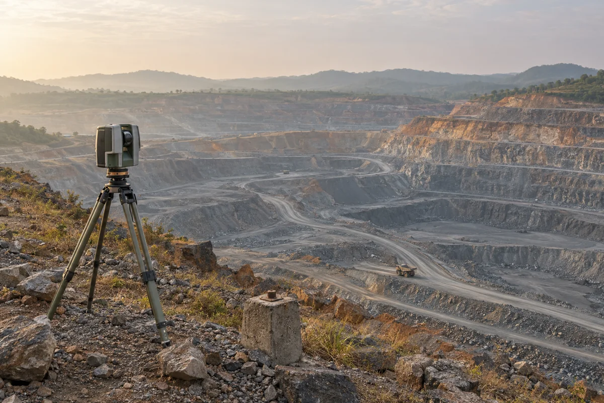 Illustrative terrestrial laser scanner overlooking a terraced open-cast mine