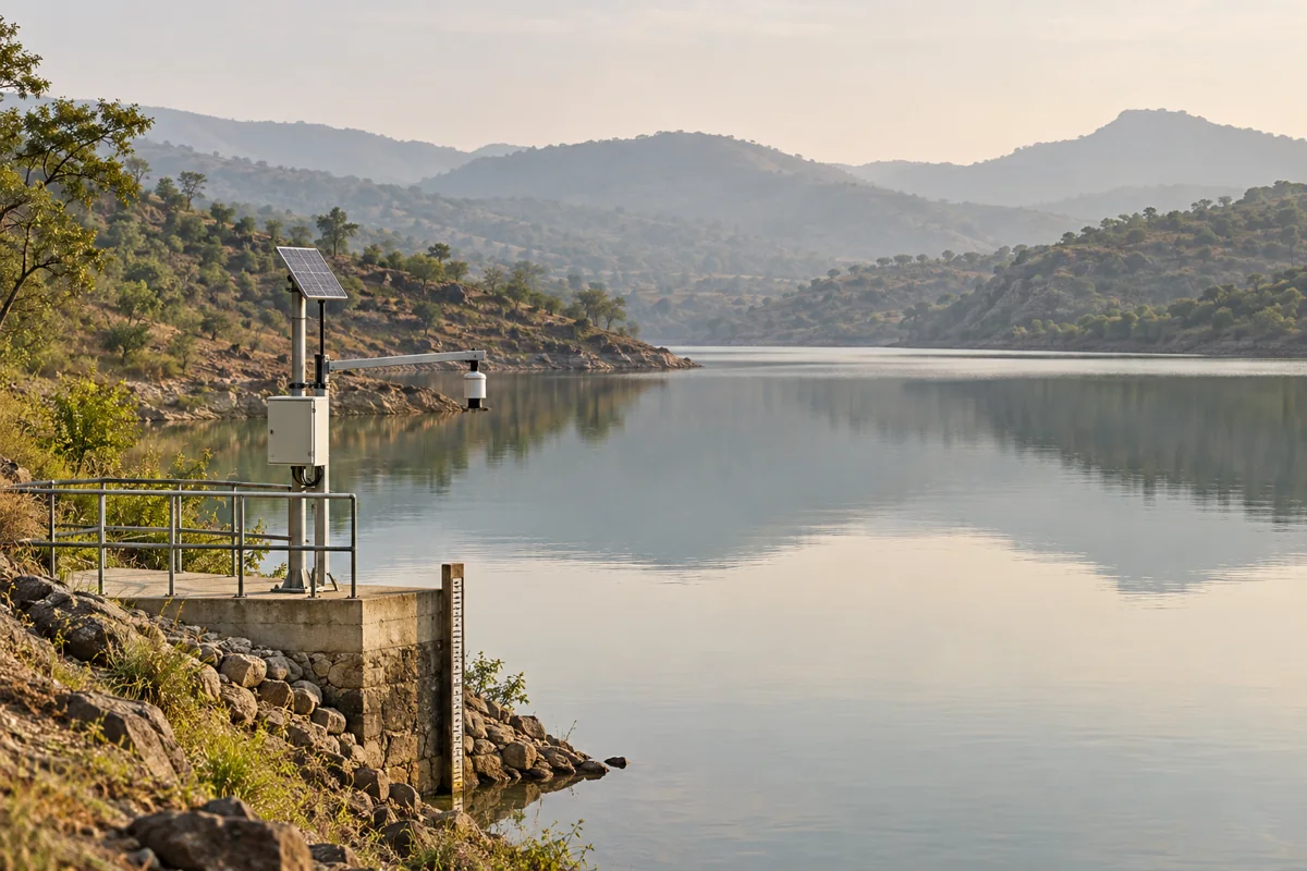Illustrative reservoir with a bank-side water monitoring station